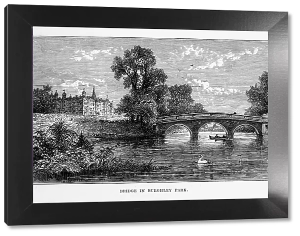 Bridge in Burghley Park, Stamford, England Victorian Engraving, Circa 1840