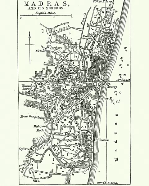 Map of Madras (Chennai), India, 19th Century