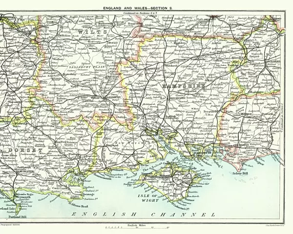 Map of South East England, Hampshire, Dorset, Wiltshire 1891