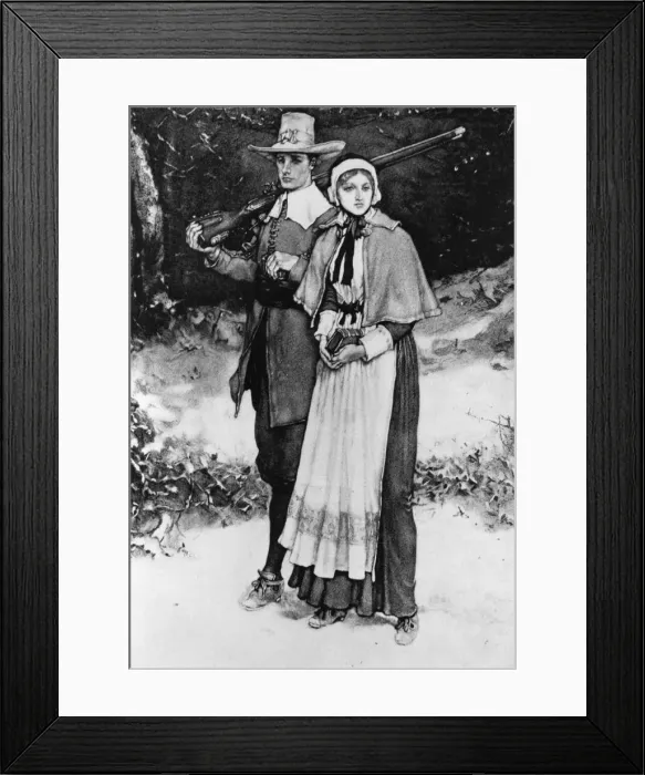 Framed Print : To Church. Circa 1630, Puritan colonists on their way to church equipped with a musket Framed Print : To Church. Circa 1630, Puritan colonists on their way to church equipped with a musket