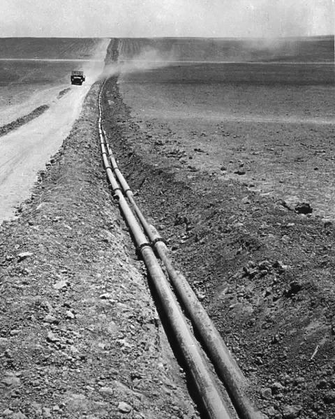 Pipeline. circa 1950: Miles of pipeline running through the countrysided in Israel