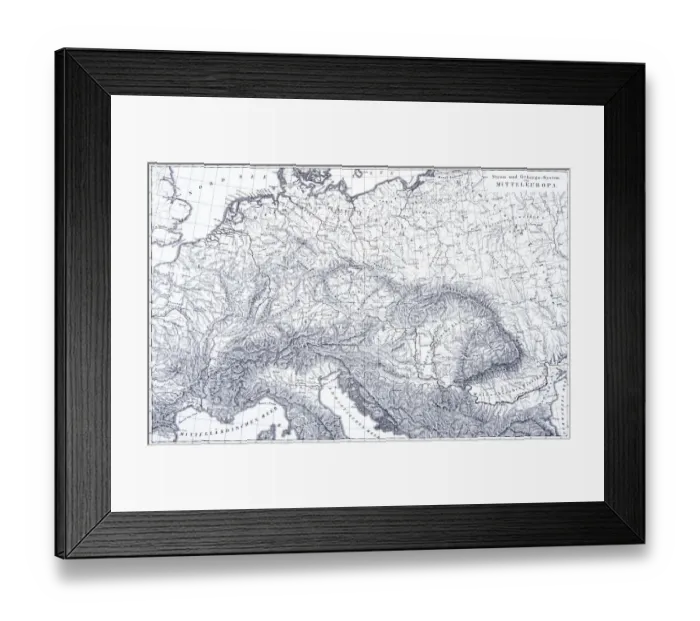 Framed Print : Engraving: Mountains and River Systems of Europe Framed Print : Engraving: Mountains and River Systems of Europe