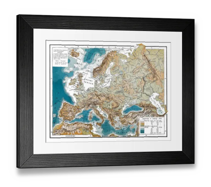 Framed Print : Europes mountain and water map Framed Print : Europes mountain and water map