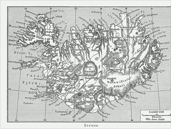 Map of Iceland, wood engraving, published in 1897