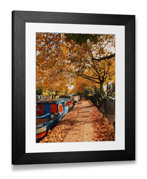 Framed Print : Path covered with autumn leaves in Little Venice, London, UK Framed Print : Path covered with autumn leaves in Little Venice, London, UK