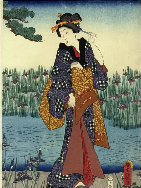 Traditional Japanese Woodblock female by pond