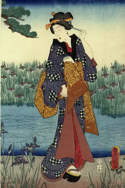 Traditional Japanese Woodblock female by pond