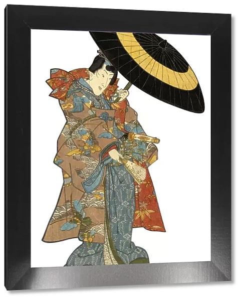 Japanese Woodblock Print Male with Umbrella