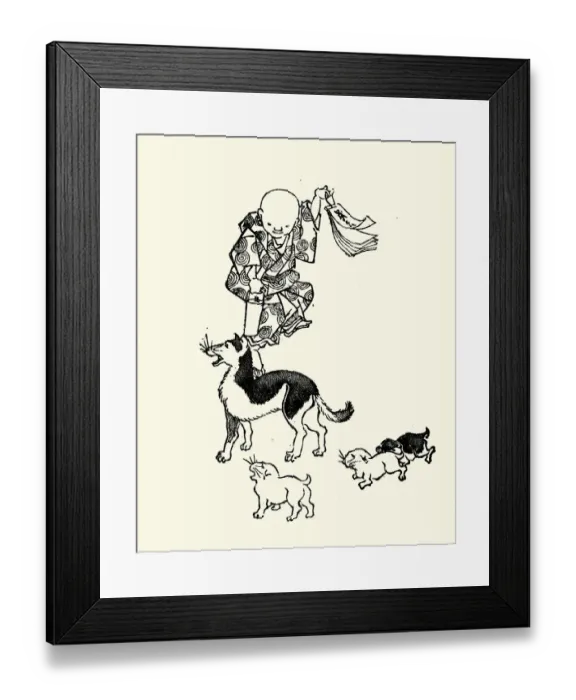 Framed Print : Japanese Art, Sketch of a man and his dogs