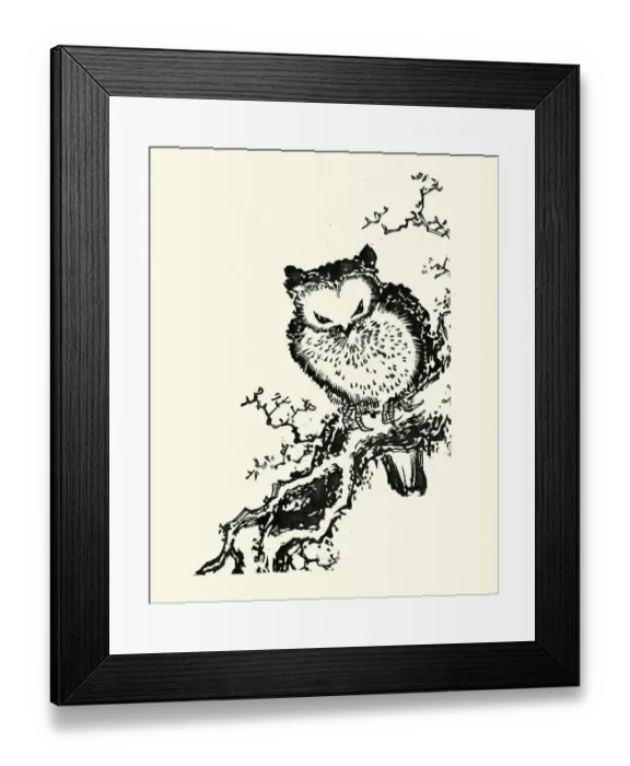 Framed Print : Japanesse Art, Owl perched on a branch, 19th Century