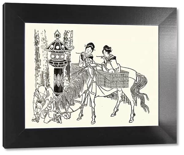 Japanesse Art, Women travelling in baskets on back of horse
