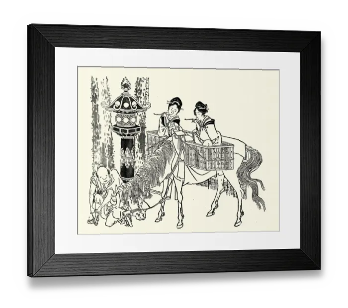 Framed Print : Japanesse Art, Women travelling in baskets on back of horse