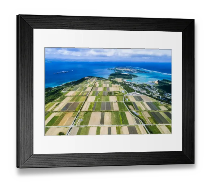 Framed Print : Aerial view of paddy field and blue sea Framed Print : Aerial view of paddy field and blue sea