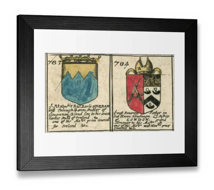 Framed Print : Arran and Hinchman coat of arms copperplate 17th century Framed Print : Arran and Hinchman coat of arms copperplate 17th century