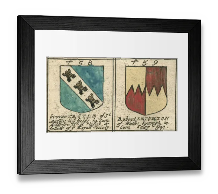 Framed Print : Coat of arms copperplate 17th century Castle and Leighton Framed Print : Coat of arms copperplate 17th century Castle and Leighton