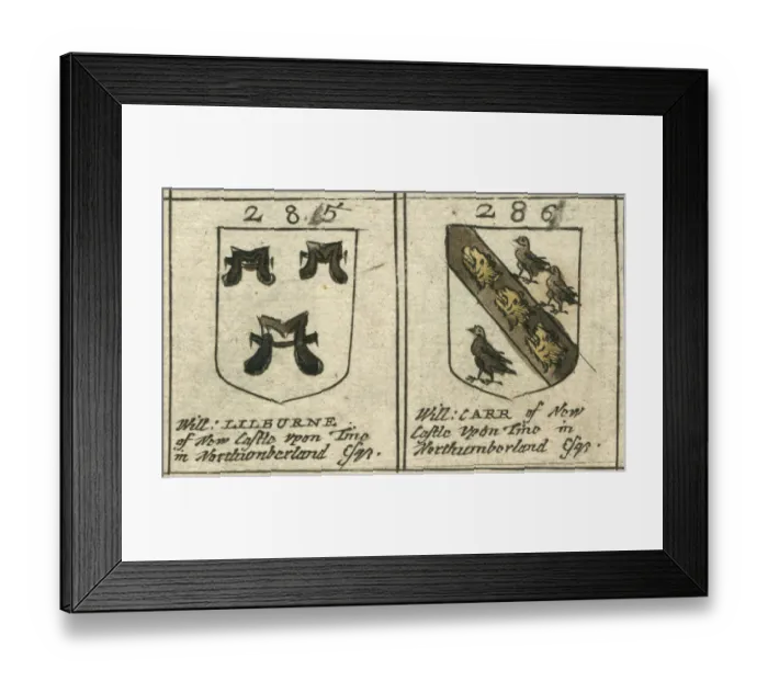 Framed Print : Coat of arms copperplate 17th century Lilburne and Carr Framed Print : Coat of arms copperplate 17th century Lilburne and Carr