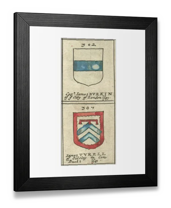 Framed Print : Coat of arms copperplate 17th century Burkin and Tyrell