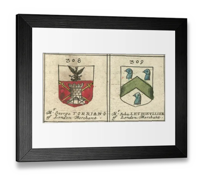 Framed Print : Coat of arms 17th century Torriano and Lethieullier