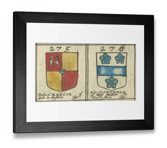Framed Print : Coat of arms copperplate 17th century Mascie and Powtrell Framed Print : Coat of arms copperplate 17th century Mascie and Powtrell