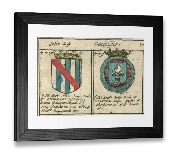 Framed Print : Annesley and Earle coat of arms copperplate 17th century Framed Print : Annesley and Earle coat of arms copperplate 17th century