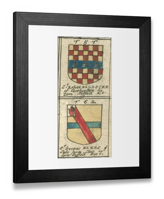 Framed Print : Coat of arms copperplate 17th century Baldock and Elwes