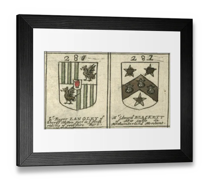 Framed Print : Coat of arms copperplate 17th century Langley and Blackett