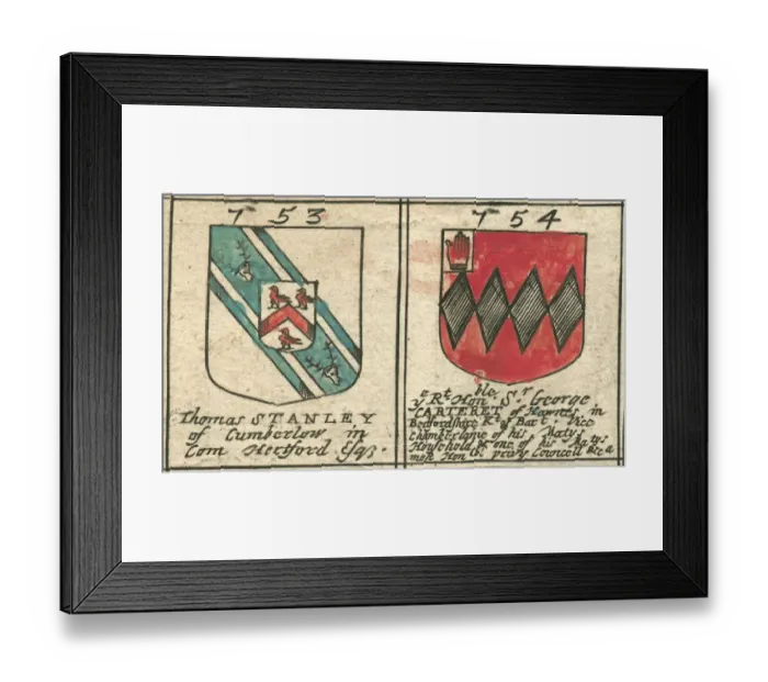Framed Print : Coat of arms copperplate 17th century Stanley and Carteret Framed Print : Coat of arms copperplate 17th century Stanley and Carteret