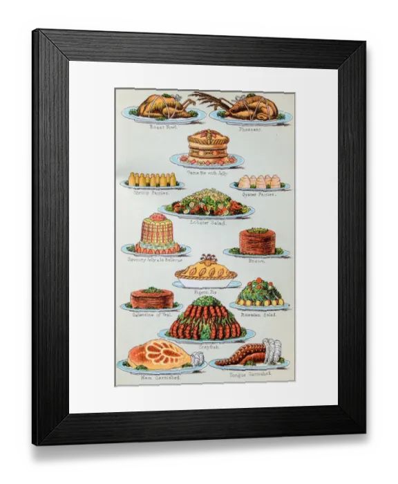 Framed Print : Antique recipes book engraving illustration: Supper dishes Framed Print : Antique recipes book engraving illustration: Supper dishes