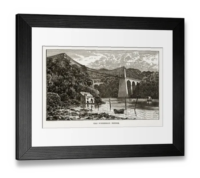 Framed Print : Menai Suspension Bridge in Anglesey, Wales Victorian Engraving, 1840 Framed Print : Menai Suspension Bridge in Anglesey, Wales Victorian Engraving, 1840