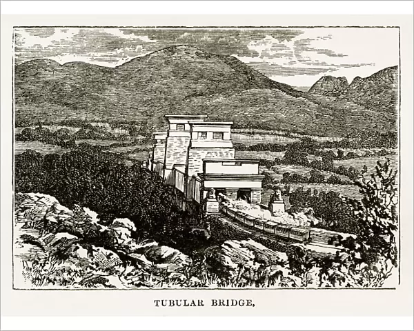Britannia Bridge in Anglesey, Wales Victorian Engraving, 1840