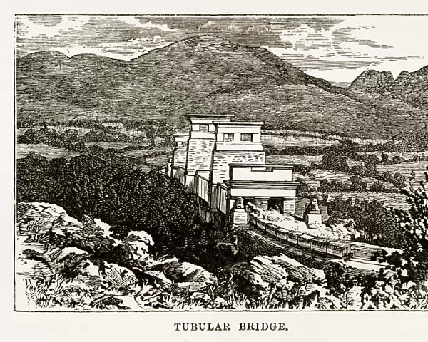 Britannia Bridge in Anglesey, Wales Victorian Engraving, 1840