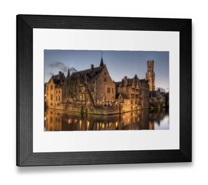 Framed Print : The Belfry in Bruges, Belgium Seen at Dusk along with Other Floodlit Buildings