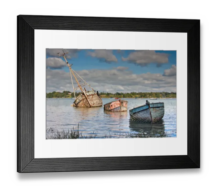 Framed Print : Three Old Wrecks, Pin Mill, Suffolk Framed Print : Three Old Wrecks, Pin Mill, Suffolk