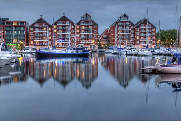 The waterfront in Ipswich at dusk