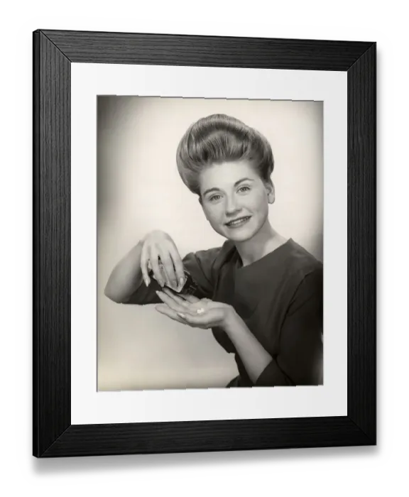 Framed Print : Woman with pill bottle and pills in hand Framed Print : Woman with pill bottle and pills in hand
