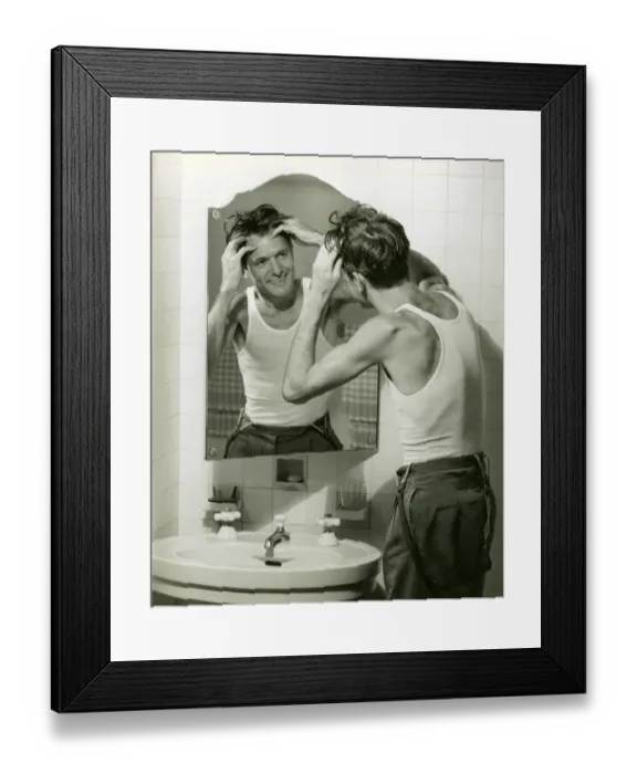 Framed Print : Man in undershirt massaging scalp Framed Print : Man in undershirt massaging scalp