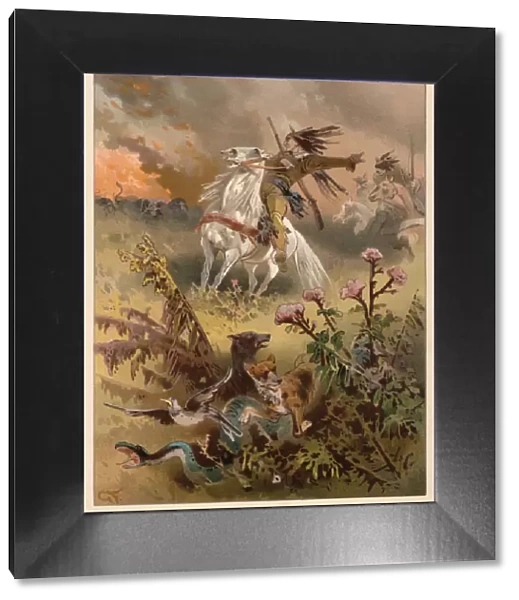 Escape from the prairie fire, chromolithograph, published in 1888