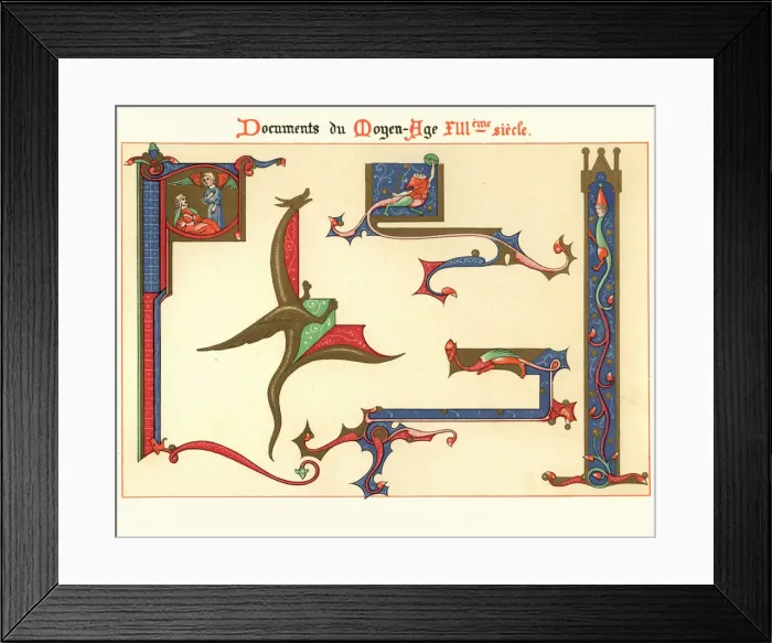Framed Print : Examples of Medieval decorative art from illuminated manuscripts 13th Century