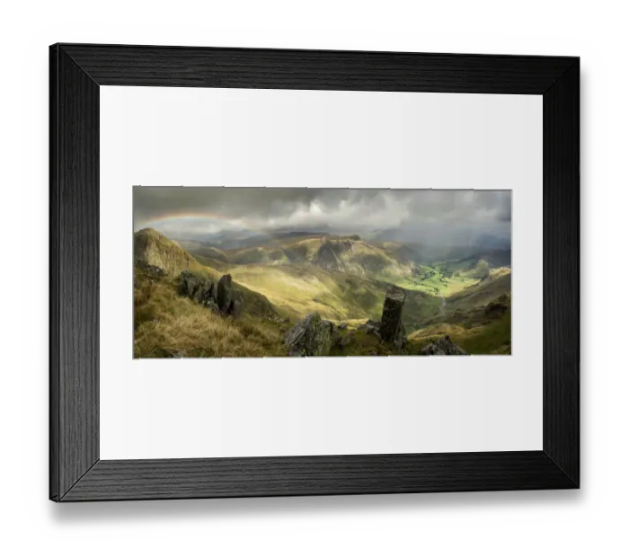Framed Print : Langdale. Dramatic mountain panorama with rainbow, stormy sky Framed Print : Langdale. Dramatic mountain panorama with rainbow, stormy sky