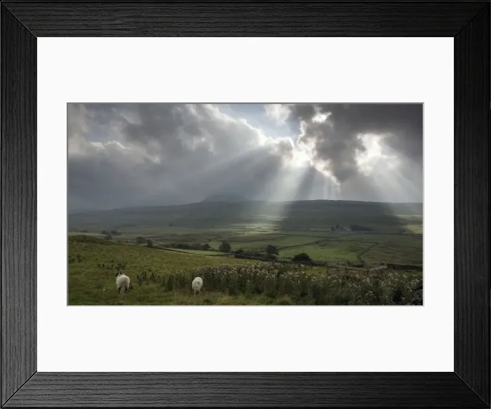 Framed Print : Sun Rays. Sun breaking through clouds in the Yorkshire Dales