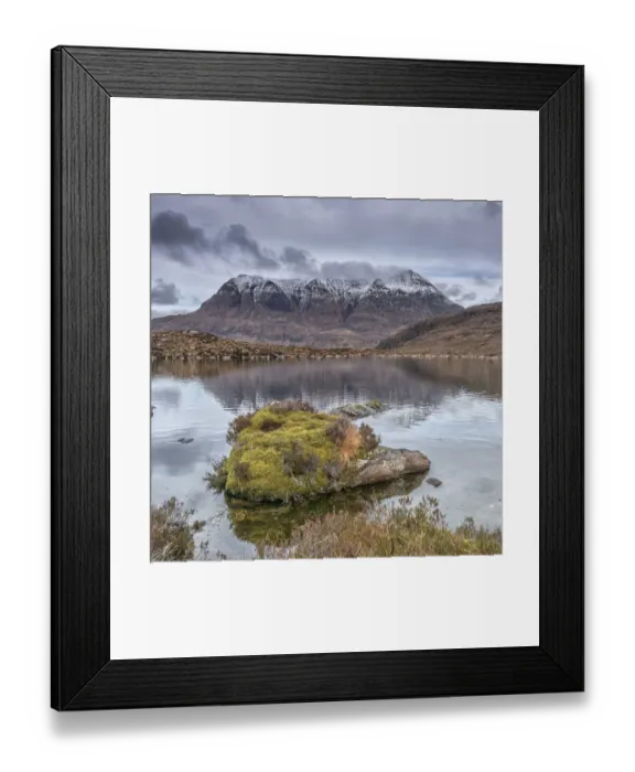 Framed Print : Cul Mor. Scottish mountain reflected in small lochan with foreground vegetation Framed Print : Cul Mor. Scottish mountain reflected in small lochan with foreground vegetation