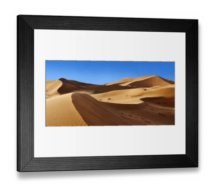 Framed Print : barrenness, blue sky, cloudless, desert landscape, dune, erg chebbi, exterior views Framed Print : barrenness, blue sky, cloudless, desert landscape, dune, erg chebbi, exterior views