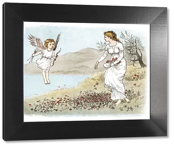 Cupid. Vintage colour lithograph from 1883 showing a young woman out collecting