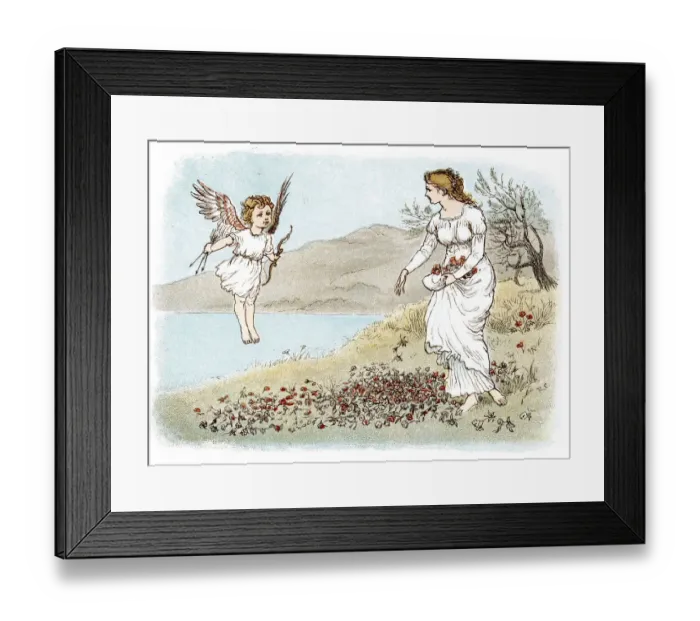 Framed Print : Cupid. Vintage colour lithograph from 1883 showing a young woman out collecting Framed Print : Cupid. Vintage colour lithograph from 1883 showing a young woman out collecting