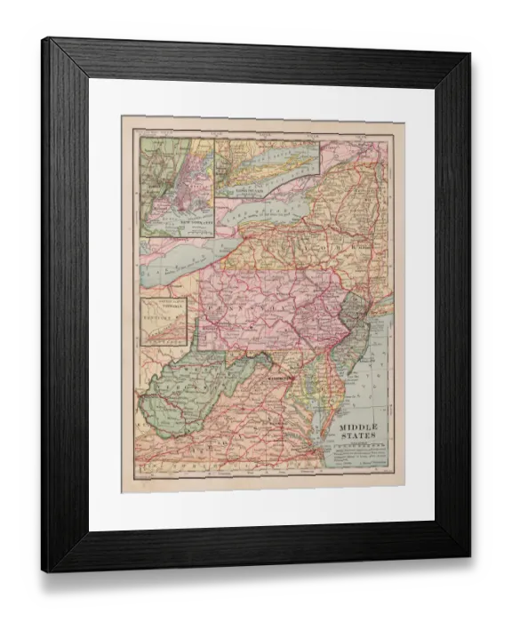 Framed Print : Middle states map 1898 Framed Print : Middle states map 1898