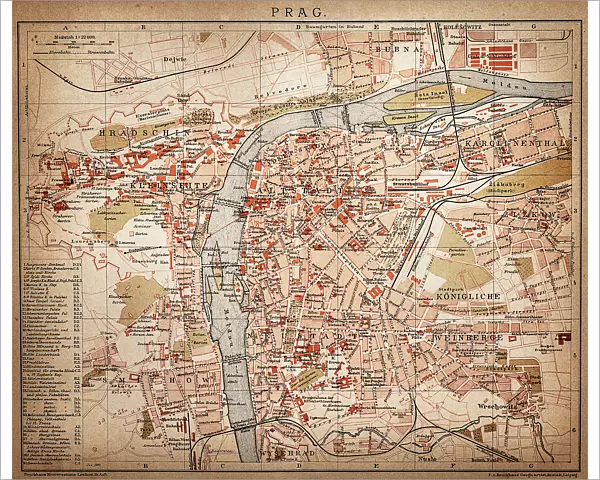 Prague. Antique map of Prague from 1898