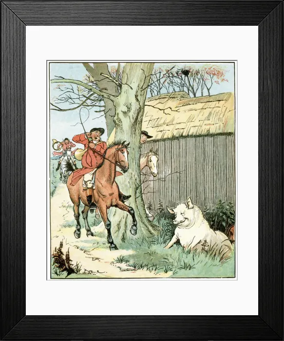 Framed Print : The Three Jovial Huntsmen; a fat pig smiling in a ditch