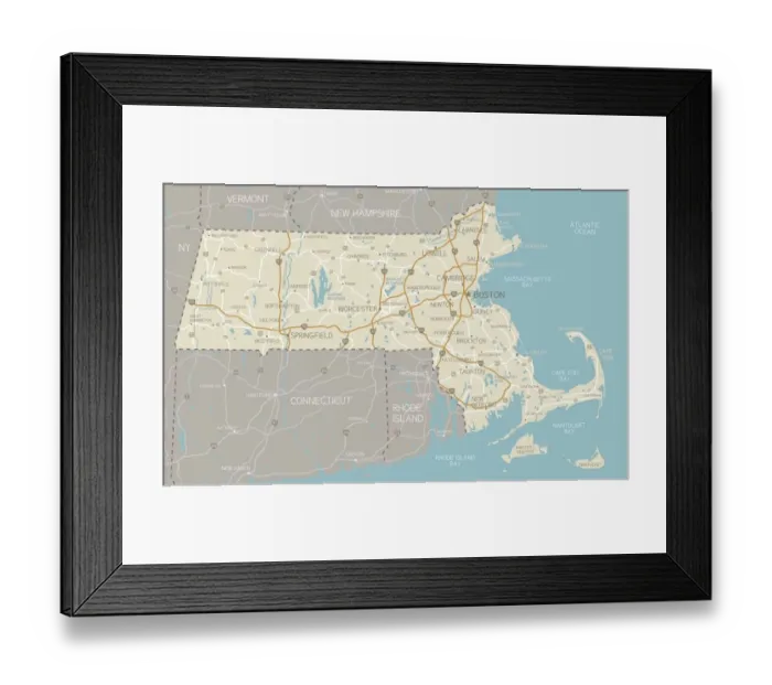 Framed Print : Map of Massachusetts with highways Framed Print : Map of Massachusetts with highways