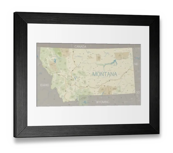 Framed Print : A flat Montana state map and surroundings Framed Print : A flat Montana state map and surroundings