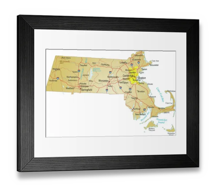 Framed Print : map of Massachusetts